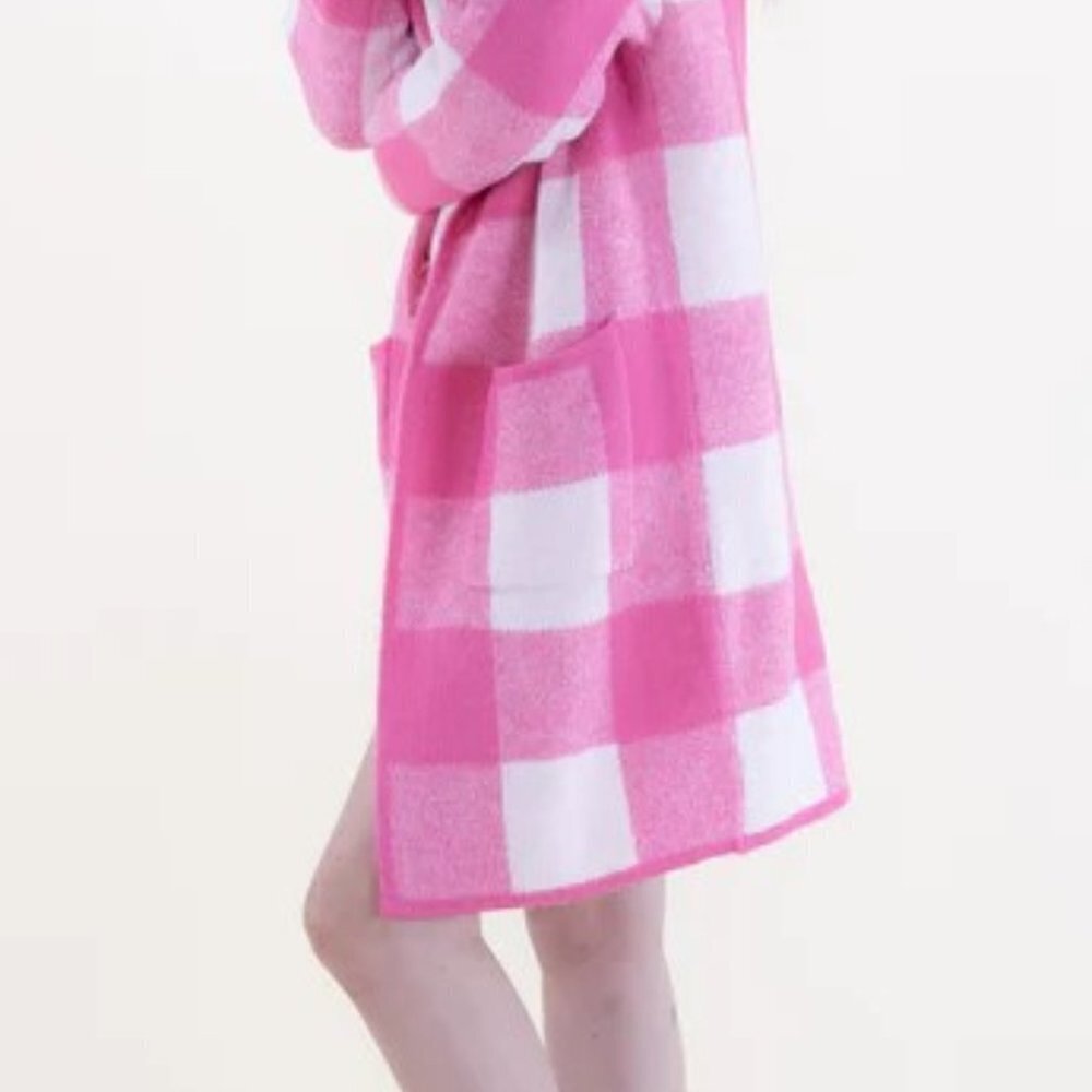 Women's Plaid Knit Coatigan Sweater Jacket Fuchsia Pink with Front Pockets NWT - Picture 5 of 8